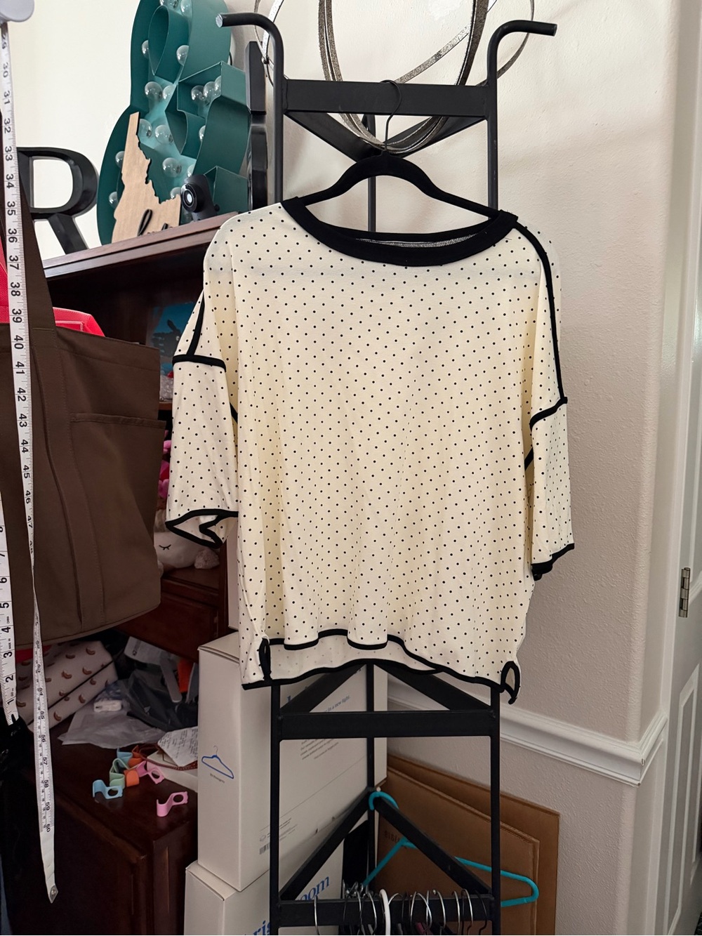Women’s Cream Polka Dot Short Sleeve Top with Black Trim